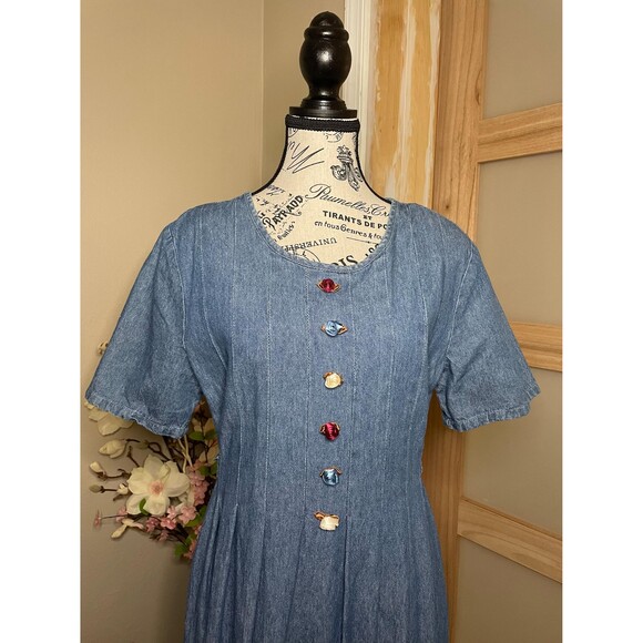 Alexandra Lee Denim Vintage Dress Rosette Embellished Pleated Barn Style - Picture 3 of 10